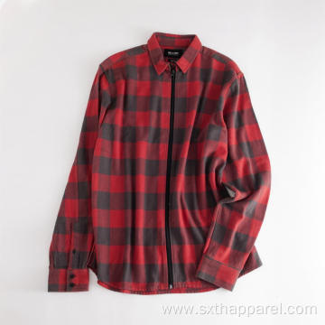 Men's Red Check Zip Long Sleeve Winter Shirt